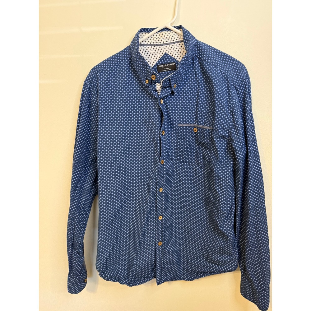 Eighth Avenue Button Down Shirt Mens Large Blue Excellent Geometric Print Cotton